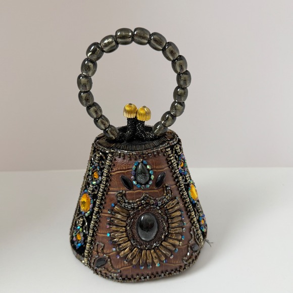 Expressions Nyc Handbags - Expressions NYC Beaded Mini Top Handle Bag Brown Jeweled Faux Croc Purse
